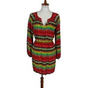 Charlie Jade Multicolor Silk Mini Dress‎ Long Sleeve Boho Festival V Neck Small